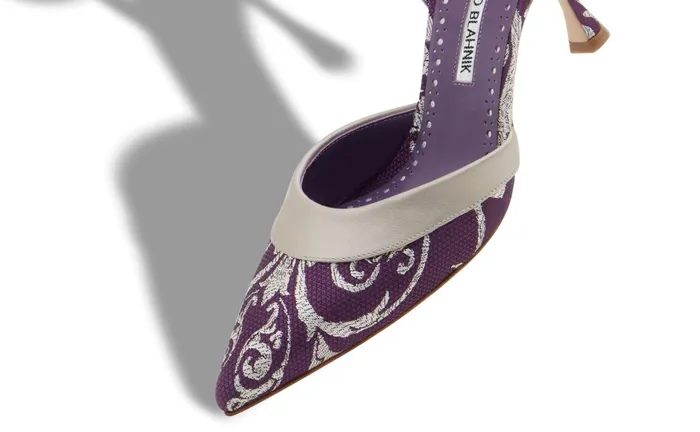 Women Mid Heels Manolo Blahnik PETIASO Purple And Silver Silk Brocade Mules Women Mid Heels Manolo Blahnik PETIASO Purple And Silver Silk Brocade Mules