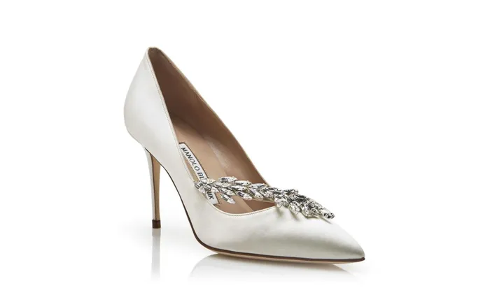 Women Nadira Manolo Blahnik NADIRA White Satin Jewel Buckle Pumps