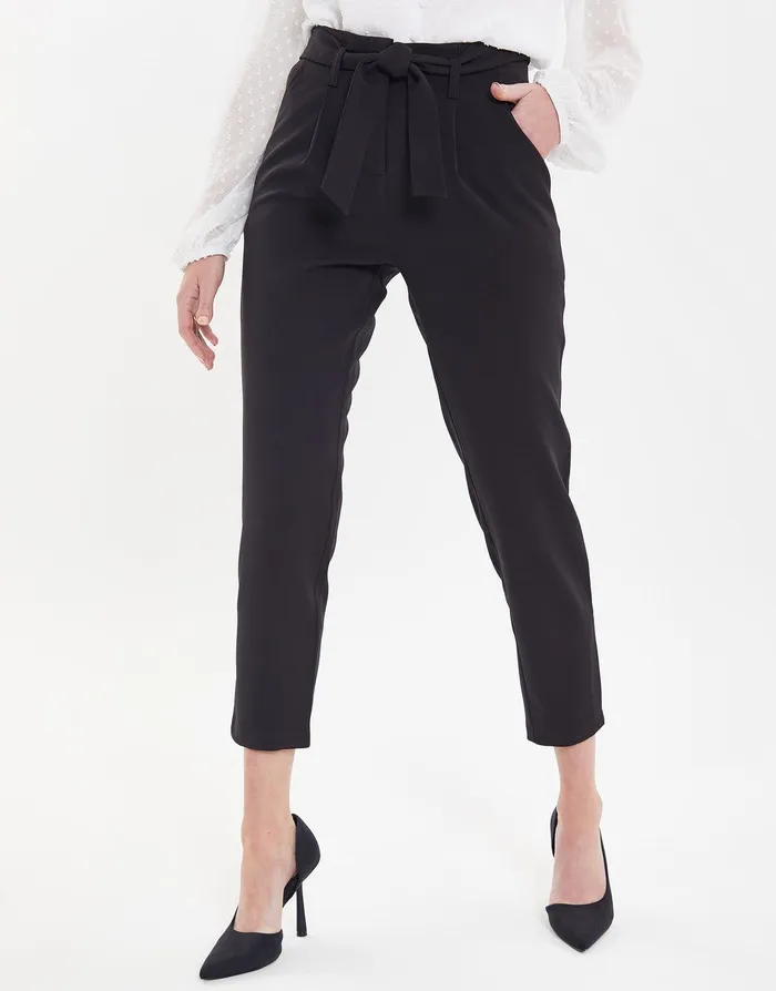 Women Petite Black Paperbag Waist Trousers Black Threadbare Trousers