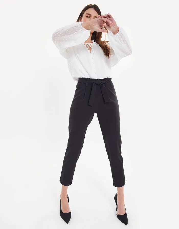 Women Petite Black Paperbag Waist Trousers Black Threadbare Trousers Women Petite Black Paperbag Waist Trousers Black Threadbare Trousers