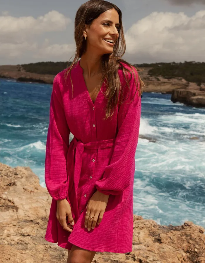 Women Pink Belted Grandad Collar Cotton Crinkle Shirt Dress Pink Threadbare Dresses