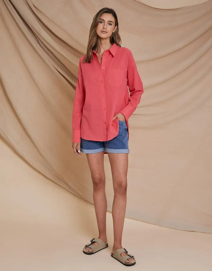 Women Pink Longline Linen Look Cotton Shirt Pink Threadbare Linen Women Pink Longline Linen Look Cotton Shirt Pink Threadbare Linen