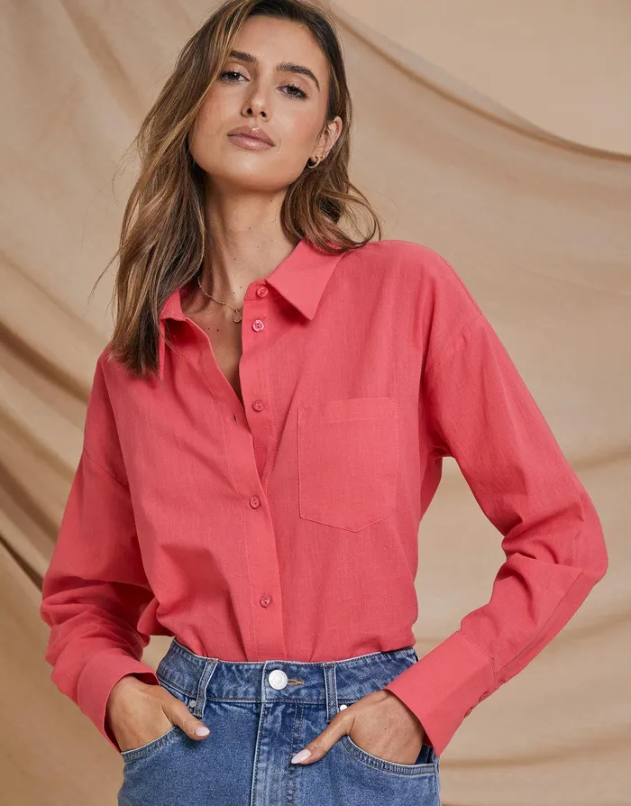 Women Pink Longline Linen Look Cotton Shirt Pink Threadbare Linen Women Pink Longline Linen Look Cotton Shirt Pink Threadbare Linen