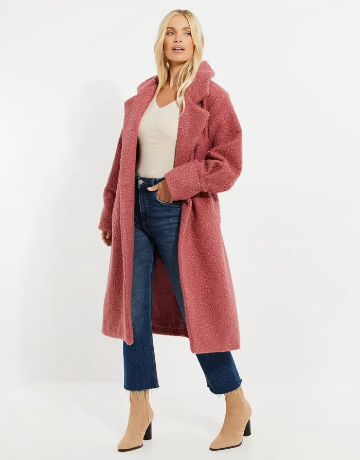 Women Pink Longline Teddy Coat Pink Threadbare Jackets and Coats