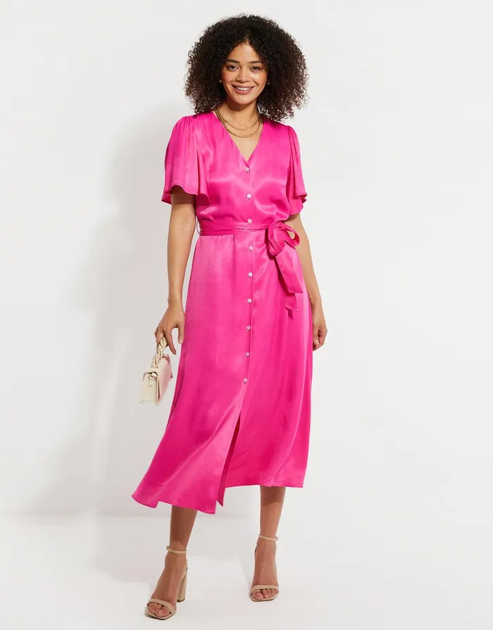 Women Pink Satin Button Down Midi Dress Pink Threadbare Dresses