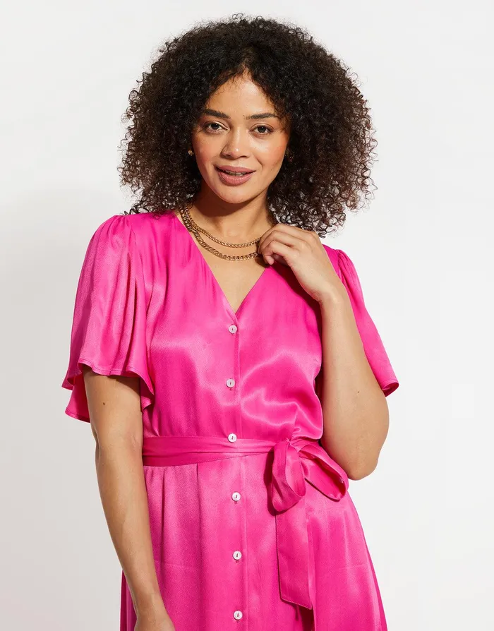 Women Pink Satin Button Down Midi Dress Pink Threadbare Dresses