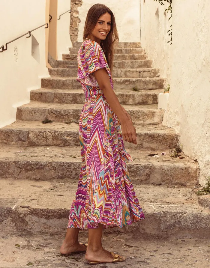 Women Pink Zig Zag Print Flutter Sleeve Midi Dress Pink Threadbare Dresses Women Pink Zig Zag Print Flutter Sleeve Midi Dress Pink Threadbare Dresses