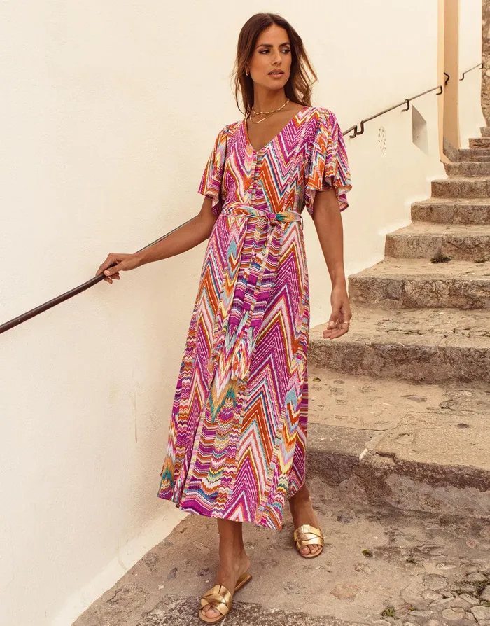 Women Pink Zig Zag Print Flutter Sleeve Midi Dress Pink Threadbare Dresses Women Pink Zig Zag Print Flutter Sleeve Midi Dress Pink Threadbare Dresses