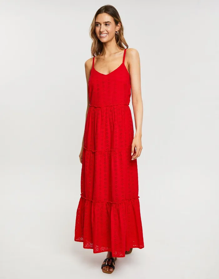 Women Red Broderie Anglaise Cami Strap Tiered Midi Dress Red Threadbare Dresses Women Red Broderie Anglaise Cami Strap Tiered Midi Dress Red Threadbare Dresses