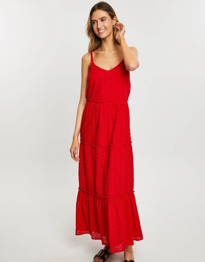 Women Red Broderie Anglaise Cami Strap Tiered Midi Dress Red Threadbare Dresses Women Red Broderie Anglaise Cami Strap Tiered Midi Dress Red Threadbare Dresses