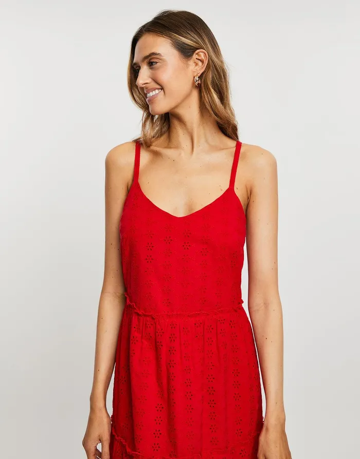 Women Red Broderie Anglaise Cami Strap Tiered Midi Dress Red Threadbare Dresses Women Red Broderie Anglaise Cami Strap Tiered Midi Dress Red Threadbare Dresses