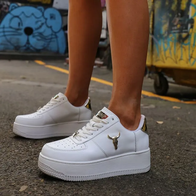 Women Rich White Leather Gold Metallic Sneakers Windsor Smith Platform Sneakers