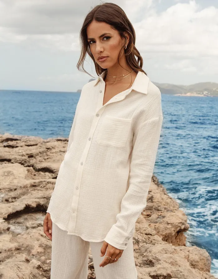 Women Stone Long Sleeve Cotton Crinkle Shirt Stone Threadbare Blouses and Shirts Women Stone Long Sleeve Cotton Crinkle Shirt Stone Threadbare Blouses and Shirts