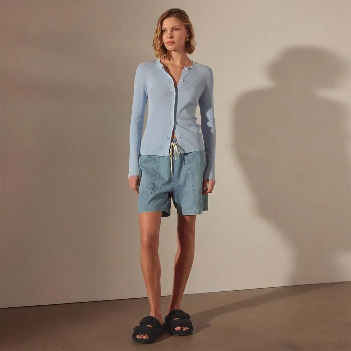 Women Sweaters James Perse Stretch Linen Ribbed Cardigan Bleached Blue