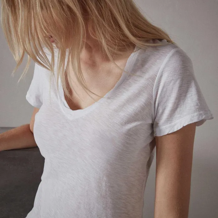Women TShirts James Perse Sheer Slub Casual V Neck White