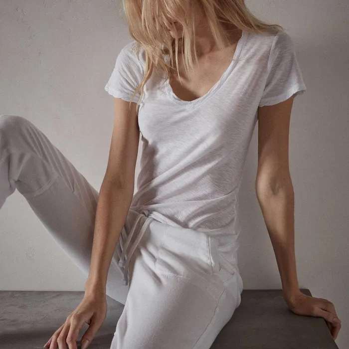 Women TShirts James Perse Sheer Slub Casual V Neck White