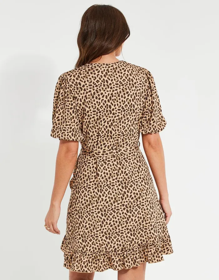 Women Tan Leopard Print Ruffle Wrap Dress Tan Threadbare Dresses Women Tan Leopard Print Ruffle Wrap Dress Tan Threadbare Dresses