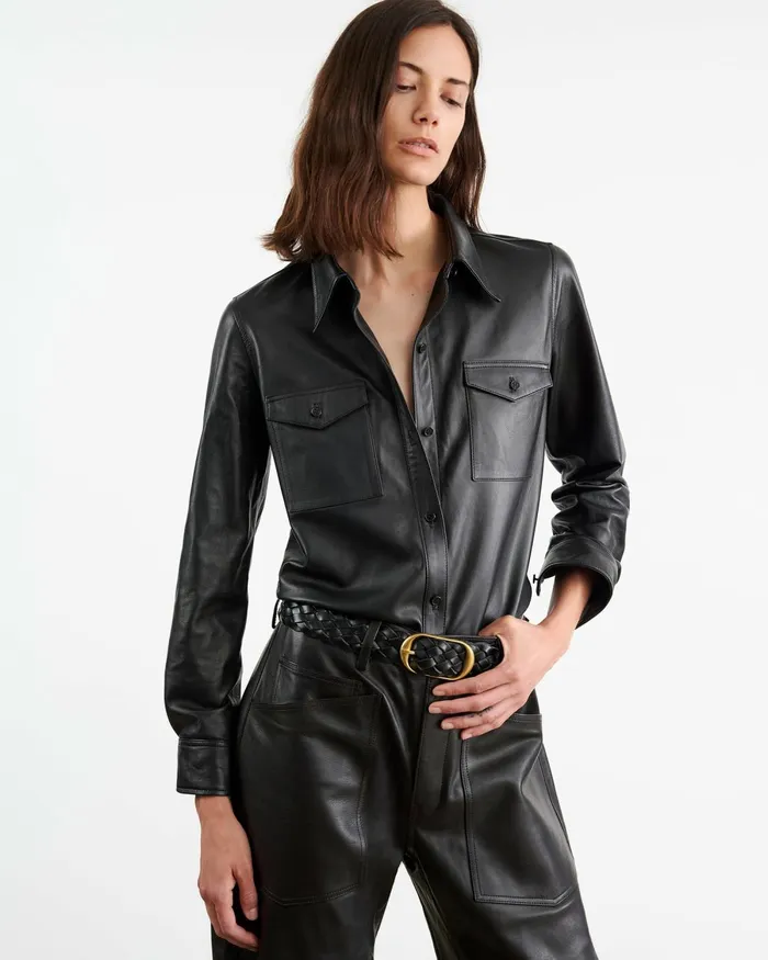 Women Tops Nili Lotan AVA LEATHER SHIRT Black