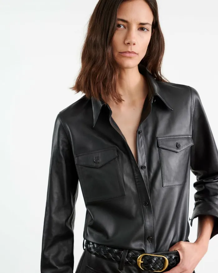 Women Tops Nili Lotan AVA LEATHER SHIRT Black