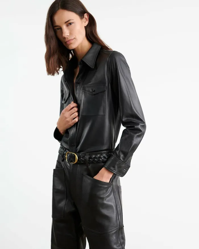 Women Tops Nili Lotan AVA LEATHER SHIRT Black