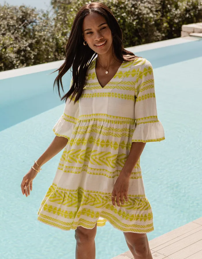 Women White and Lime Green Embroidered Aztec V Neck Tiered Smock Dress White and Lime Threadbare Dresses Women White and Lime Green Embroidered Aztec V Neck Tiered Smock Dress White and Lime Threadbare Dresses