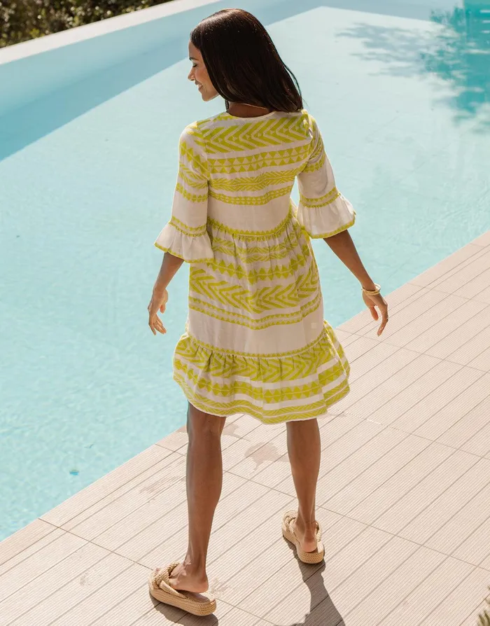 Women White and Lime Green Embroidered Aztec V Neck Tiered Smock Dress White and Lime Threadbare Dresses Women White and Lime Green Embroidered Aztec V Neck Tiered Smock Dress White and Lime Threadbare Dresses