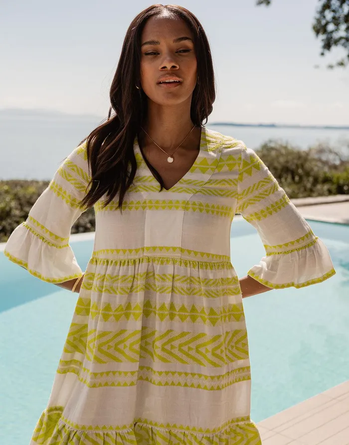 Women White and Lime Green Embroidered Aztec V Neck Tiered Smock Dress White and Lime Threadbare Dresses Women White and Lime Green Embroidered Aztec V Neck Tiered Smock Dress White and Lime Threadbare Dresses