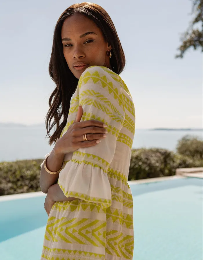 Women White and Lime Green Embroidered Aztec V Neck Tiered Smock Dress White and Lime Threadbare Dresses Women White and Lime Green Embroidered Aztec V Neck Tiered Smock Dress White and Lime Threadbare Dresses