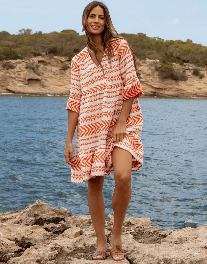Women White and Orange Embroidered Aztec V Neck Tiered Smock Dress White and Orange Threadbare Dresses Women White and Orange Embroidered Aztec V Neck Tiered Smock Dress White and Orange Threadbare Dresses