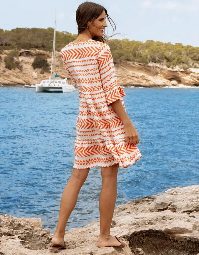 Women White and Orange Embroidered Aztec V Neck Tiered Smock Dress White and Orange Threadbare Dresses Women White and Orange Embroidered Aztec V Neck Tiered Smock Dress White and Orange Threadbare Dresses