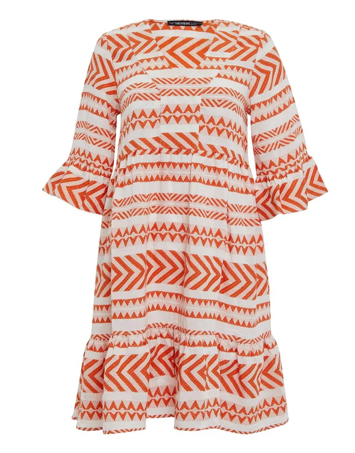 Women White and Orange Embroidered Aztec V Neck Tiered Smock Dress White and Orange Threadbare Dresses Women White and Orange Embroidered Aztec V Neck Tiered Smock Dress White and Orange Threadbare Dresses