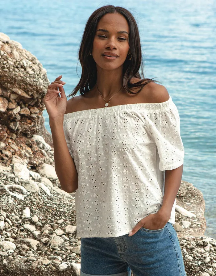 Women White Broderie Anglaise Off The Shoulder Bardot Top White Threadbare Blouses and Shirts Women White Broderie Anglaise Off The Shoulder Bardot Top White Threadbare Blouses and Shirts