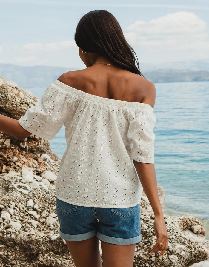 Women White Broderie Anglaise Off The Shoulder Bardot Top White Threadbare Blouses and Shirts Women White Broderie Anglaise Off The Shoulder Bardot Top White Threadbare Blouses and Shirts