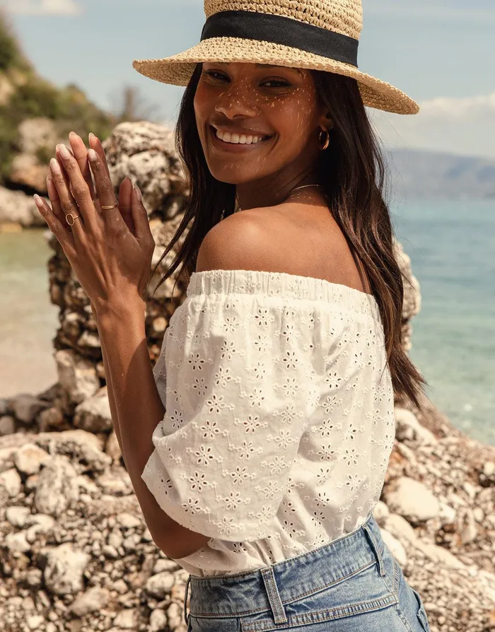 Women White Broderie Anglaise Off The Shoulder Bardot Top White Threadbare Blouses and Shirts Women White Broderie Anglaise Off The Shoulder Bardot Top White Threadbare Blouses and Shirts