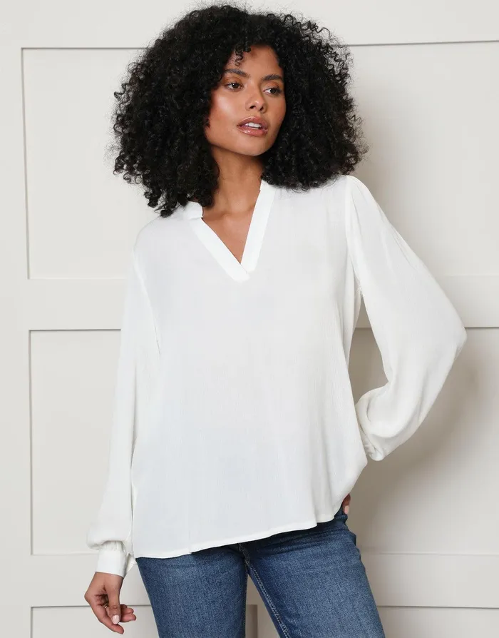Women White Long Sleeve V Neck Collarless Blouse White Threadbare Blouses and Shirts Women White Long Sleeve V Neck Collarless Blouse White Threadbare Blouses and Shirts