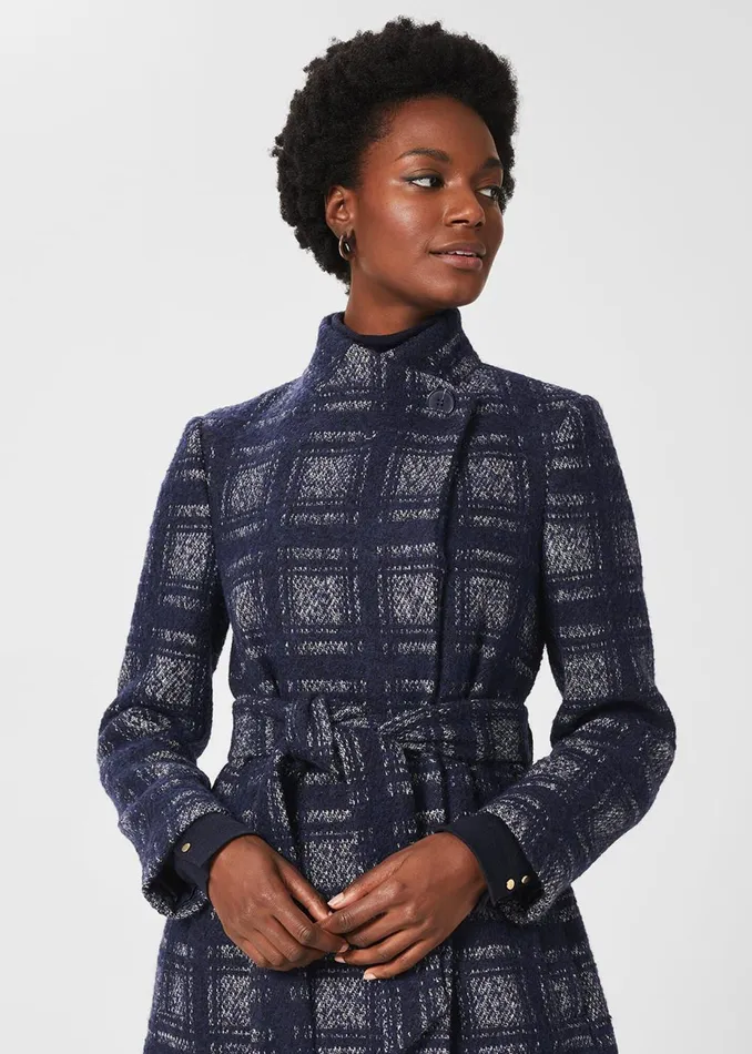 Womens Meghan Check Wrap Coat Navy Ivory Hobbs Coats and Jackets Online