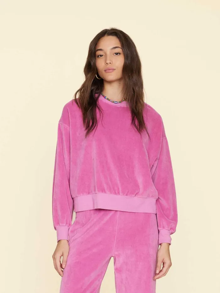 XRENA French Rose Huxley Velour Sweatshirt Women Sweats and Tees