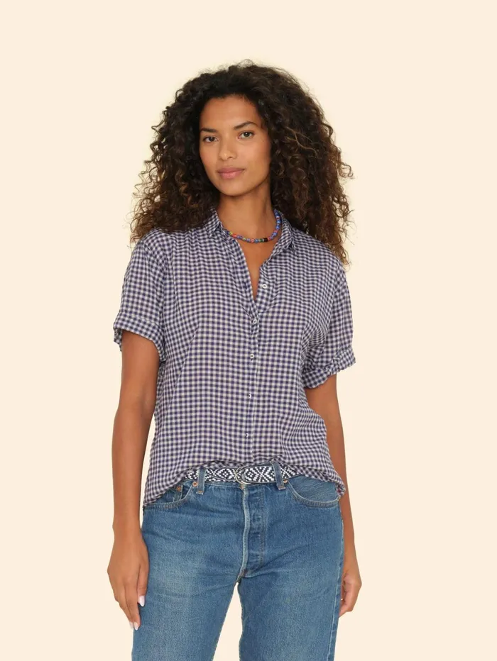 XRENA Stone Blue Channing Plaid Shirt Women Shirts